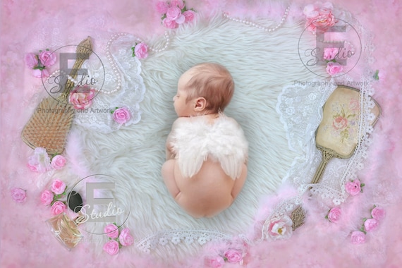 Baby Girl Pink Background Newborn Announcement Photo Etsy