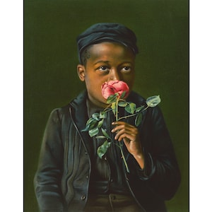 Niño oliendo una rosa / Belleza americana / Retrato de niño / Arte mural de persona de color / Americana vintage / Decoración vintage moderna