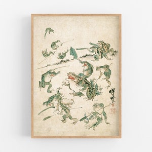 Vintage frog art | Battle of the frogs | Kawanabe Kyosai sketch | 19th century Asian art | Water, swamp animal | Modern vintage décor