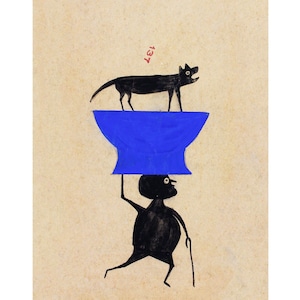 Impression d&#39;art Bill Traylor : homme portant un chien, art populaire américain