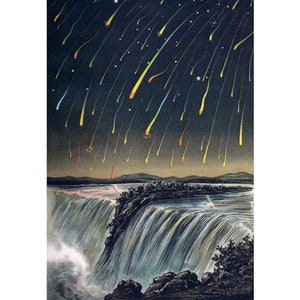 May include: A vintage illustration of a night sky with a multitude of colorful shooting stars falling over a waterfall. The waterfall is depicted in shades of blue and gray, with a rocky cliff face and a foamy base.