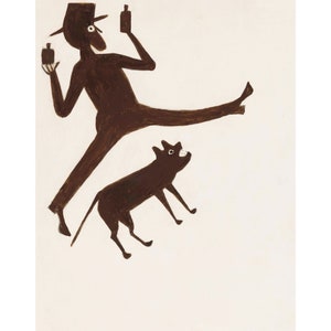 Impression d&#39;art Bill Traylor : art populaire homme et chien qui boit