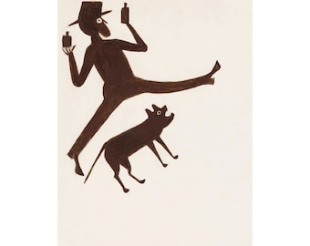 Bill Traylor Art Print: Drinking Man and Dog Folk Art