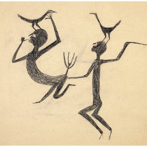 Lámina artística de Bill Traylor: Dos figuras con tridente y pájaros