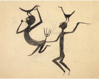 Bill Traylor Art Print: Two Figures with Pitchfork & Birds