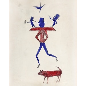 Impression d&#39;art Bill Traylor : homme avec joug, oiseau et chien - Americana Folk Art