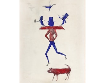 Bill Traylor Art Print: Man with Yoke, Bird & Dog - Americana Folk Art