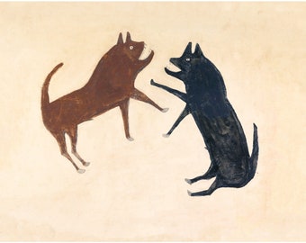 Bill Traylor Art Print: Two Dogs Fighting, Americana Folk Art
