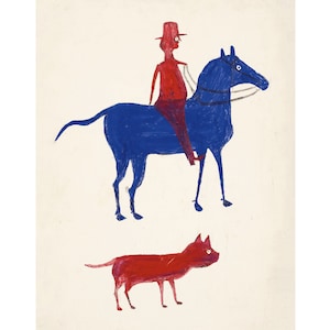Impression d&#39;art Bill Traylor : homme à cheval avec un chien, art populaire américain