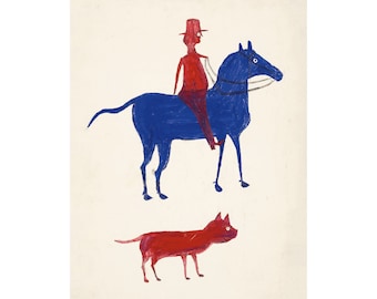 Bill Traylor Art Print: Man on Horse with Dog, Americana Folk Art