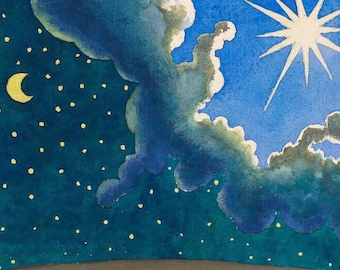 Watercolor Night Sky Art: Crescent Moon & Stars (Digital Download)