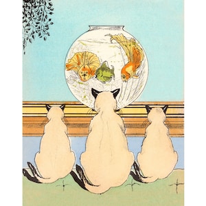 Siamese Cats & Goldfish Art Print: Retro Aquarium Illustration