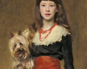 Impressão artística de menina com cachorro: Retrato em estilo vintage (Download digital)