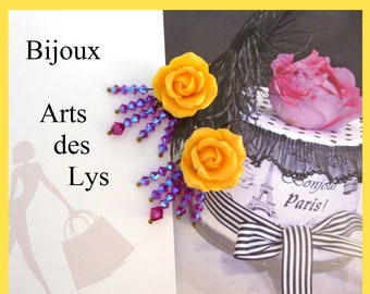 Boucles d’oreille * PETIT JARDIN SUSPENDU *  Jaune safran et rose framboise * Bijou romantique