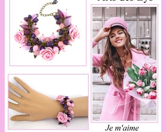 BRACELET  * ROSE et MYRTILLE * Bijou romantique, cadeau pour Elle, perles de gemme, lithothérapie, bijou fleuri