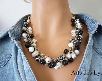 Precious black and white necklace - Bohemian crystal, rhinestones, glass