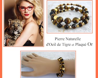 TIGRE Natural Stone Bracelet and OR-plated Pearls - Double-row bracelet - shape memory bracelet