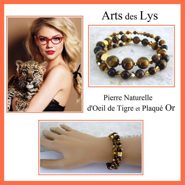 Bracelet en Pierre Naturelle d’ŒIL de TIGRE et Perles plaquées OR – Bracelet double rangs – bracelet à mémoire de forme