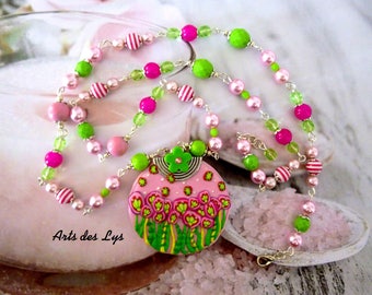 Symphony in pink and green * unique long necklace * Jade, Boho Crystal, glass, wood, acrylic and polymer clay