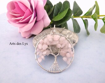 Collier Arbre de Vie QUARTZ ROSE et plaqué Argent - Sautoir Arbre de Vie – Lithothérapie