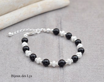 ARGENT 925 bracelet and ONYX NOIR Natural Stone Pearls - Gem Pearls - Lithotherapy - Stackable Jewelry - Minimalist Bracelet