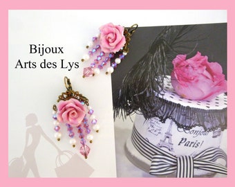 Boucles d’oreille * GOURMANDISE de ROSES *  Blanc nacré et rose tendre * Bijou romantique