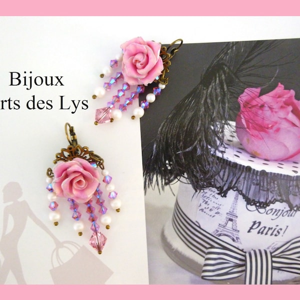 Boucles d’oreille * GOURMANDISE de ROSES *  Blanc nacré et rose tendre * Bijou romantique