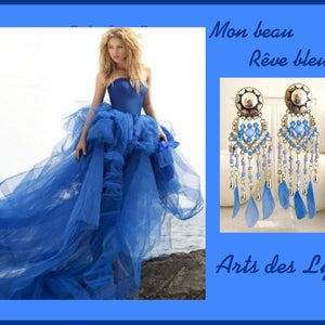 My BEAU REVE BLEU Clips Earrings Swarovski Crystal, Cat Eye Pearls, Glass, Feathers, image 1