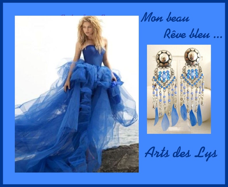 Mon BEAU REVE BLEU Boucles doreille à clips Cristal de Swarovski, Perles œil de chat, Verre, Plumes, 画像 1