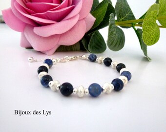 ARGENT 925 bracelet and SODALITE Natural Stone Pearls - Adjustable Solid Silver Jewel - Minimalist Bracelet - Lithotherapy