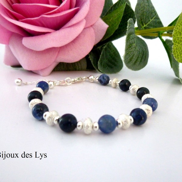 Bracelet ARGENT 925 et Perles pierre naturelle de SODALITE – Bijou Argent massif réglable – Bracelet minimaliste – Lithothérapie