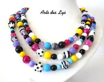 Unique necklace Boho chic three rows multicolor gemstones beads Lampwork, Swarovski rhinestones