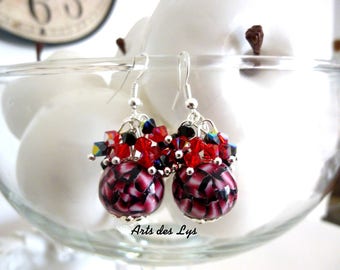 Boucles d’oreille rouges et noires * Perles en argile polymère, Cristal de Swarovski, Argent massif
