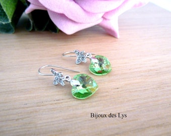 Boucles d’oreilles Papillon ARGENT 925 et CŒUR SWAROVSKI® Peridot ab, Papillon et Coeur, Amour, Amitié