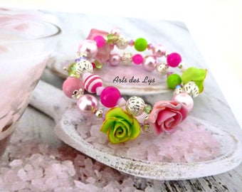 SYMEAL in ROSE and GREEN - Memory Thread Bracelet 2 - Jade, Swarovski Crystal, Boho Crystal, Glass, Resin