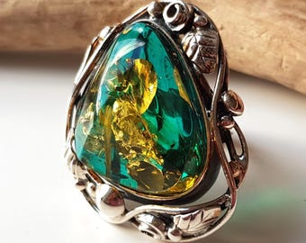 Huge, shiny blue amber and sterling silver ring, Blue amber ring with gold sparkles