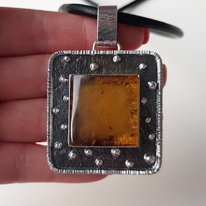 Artistic, cloudy Baltic amber and sterling silver pendant, Rectangular amber pendant, Baltic amber jewelry, Natural, huge amber pendant