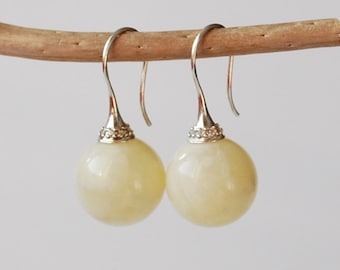 White Baltic Amber Earrings, Genuine Amber Dangle Earrings, Baltic Amber Beaded Earrings, Amber And Sterling Silver Earrings, Amber balls