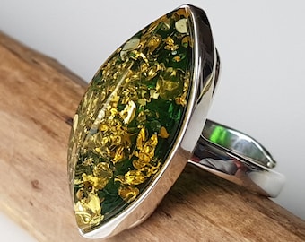 Shiny green, faceted, Baltic amber ring, Stunning amber ring, Green Baltic amber ring with gold glitters, Amber and sterling silver jewelry