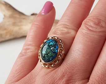 Beautiful blue turquoise amber ring, Amber and gold-plated silver ring, Blue amber ring, Blue Baltic amber jewelry, Ring with blue amber