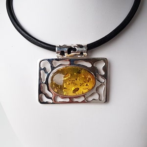 Artistic, natural Baltic amber pendant, Rectangular amber and sterling silver pendant, Baltic amber jewelry, Large shiny amber pendant