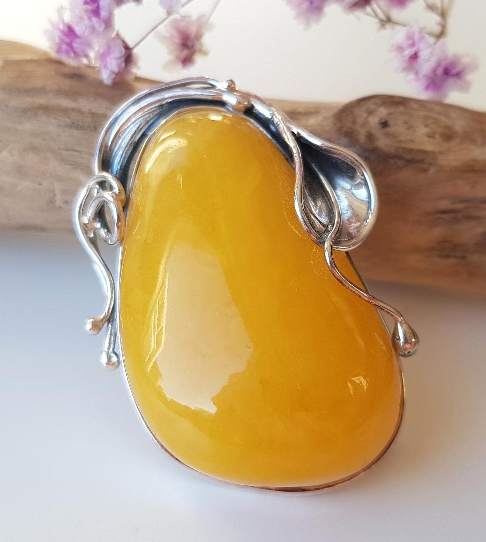 Handamde Amber and Silver Brooch, Egg Yolk Amber Brooch, Amber 
