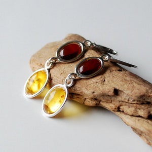 Long Baltic Amber Earrings, Amber Dangle Earrings, Two-color Amber Modern Earrings, Amber Sterling Silver Earrings, Amber Jewelry