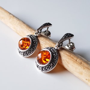 Cognac Baltic Amber Round Earrings, Amber Dangle Earrings, Natural Amber Modern Earrings, Amber And Sterling Silver Earrings, Amber Gift