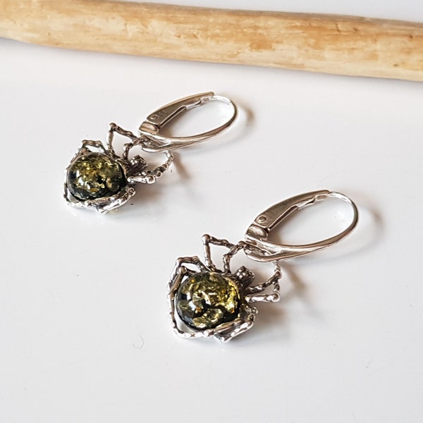 Amber Spider Earrings, Green Amber Spider Earrings, Amber Dangle Earrings, Amber And Sterling Silver Earrings, Amber And Silver Spiders