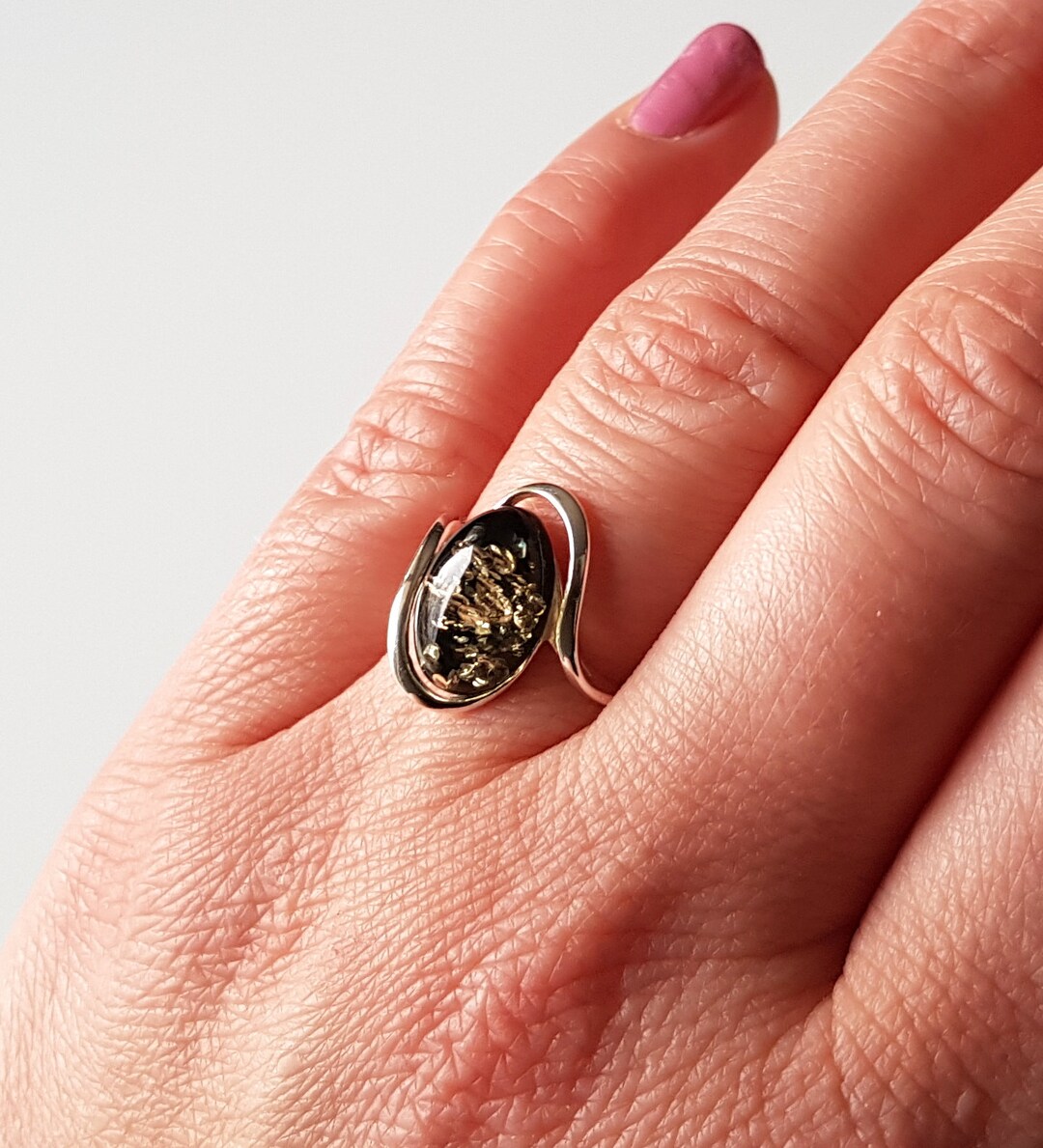 Dainty Green Baltic Amber and Sterling Silver Ring Natural Etsy