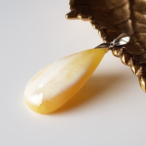 Unique, White-Yellow Baltic Amber Drop Pendant, Untreated Amber Pendant, Natural Amber Drop Pendant, Milky Amber And Sterling Silver Pendant