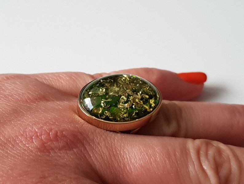 Gold-plated ring with shiny green Baltic amber, Statement amber ring, Vibrant green amber ring, Green Baltic amber jewelry with glitters image 7