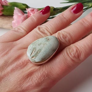 Slightly blue, raw Baltic amber and sterling silver ring, Creamy blue amber ring, Modern amber ring, Natural amber jewellery
