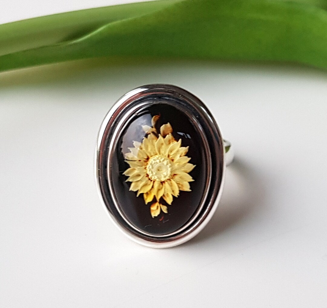 Amber Sunflower Ring, Baltic Amber and Sterling Silver Intaglio Ring ...